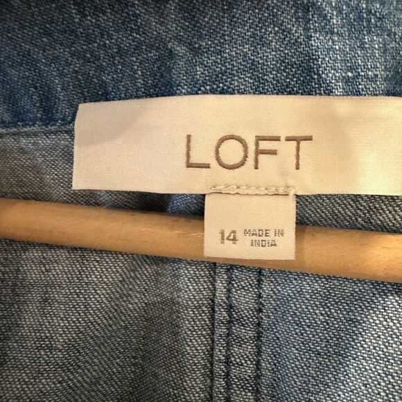 Loft Denim Dress Women 14 Blue Jean Pockets 100% Cotton Maxi Cottage Button Down - Picture 5 of 11